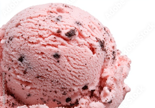 Delicious strawberry chocolate chip ice cream scoop close-up