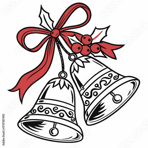 Christmas bells with red bow and holly berries pair