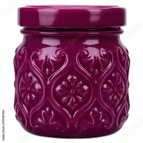 Elegant purple jar with floral pattern and lid.