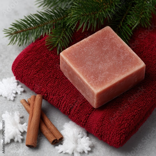 Aromatic soap on red towel with cinnamon sticks.