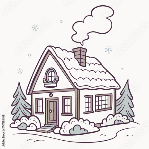 Cozy snow covered cottage with smoke from chimney house