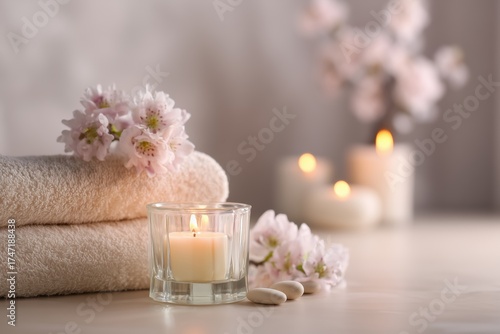 Relaxing Spa Setup with Candles Soft Towels and Cherry Blossoms