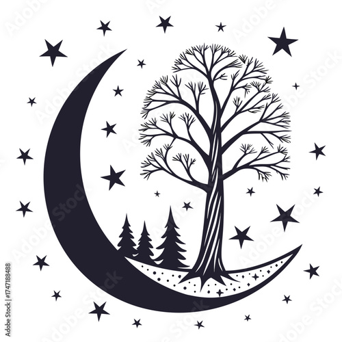 Crescent moon with bare tree and stars graphic night