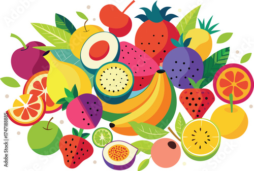 Vibrant assortment of fresh tropical and exotic fruits arranged in a circular pattern