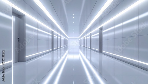 A futuristic hallway is illuminated by bright, linear lighting along the ceiling and walls, creating a symmetrical, clean architectural design.