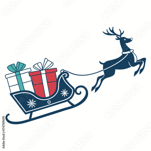 Dark blue reindeer pulling sleigh with gifts christmas
