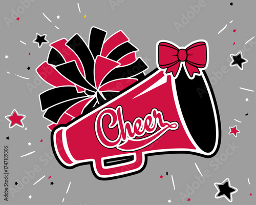Cheerleader Pom pom and Megaphone. Chicago Red and Black Cheerleading illustration.