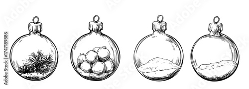Transparent crystal spheres with snowflakes, available empty or filled with snow, make up a modern set of 3D Xmas tree decorations in the form of realistic hanging glass Christmas balls