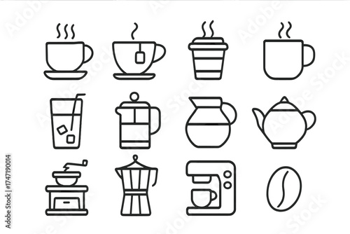 Coffee and tea line icon set. Vector symbols for cafe menu, website, mobile app. Includes espresso machine, french press, teapot, grinder, moka pot, bean and cup.