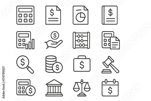Accounting and finance vector line icon set. Business, money, bank, and investment pictograms. Editable stroke for financial reports, tax, budget, and legal services.