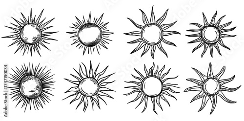 The modern set of bohemian astrology features a mystic sun with a face, intertwined with elements of yoga, meditation, and celestial symbols, which are often incorporated into tattoos and logos, all