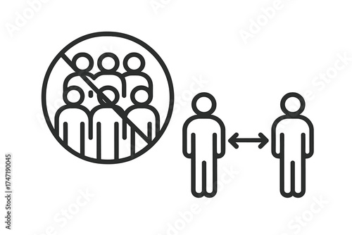 Social distancing icon, keep distance concept. Avoid crowds sign. Prohibition of large gatherings. Pandemic safety measure for covid-19, coronavirus. Vector line illustration.