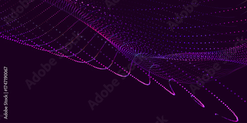 Futuristic dot wave. Abstract digital particle wave. Technology background. Colored musical wave. Dark background. Digital background with smooth, wavy curves. 3D vector illustration