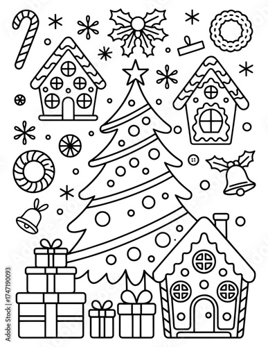 Gingerbread Houses and Christmas Tree Outline Art