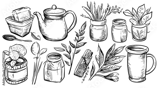 A tea party setup includes cups with tea, mugs, desserts, sweets, pastry, and ceramic teapots, along with a breakfast leaf drink and a kettle pouring hot beverage to create a modern tea set