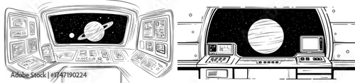 A modern interior characterizes the space navigation center room, which is situated in a flat spaceship cabin and includes a dashboard with control panels, a porthole, a spacecraft screen, and