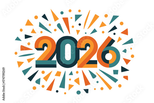 Happy New Year 2026 vector background. Retro geometric colorful text with a vibrant explosion of shapes. Ideal for seasonal holiday web banners, flyers, and festive designs.