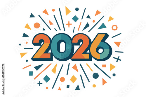 Happy New Year 2026 greeting card design. Retro geometric numbers with a festive confetti explosion. Vector illustration for holiday web banners, posters, and party flyers.