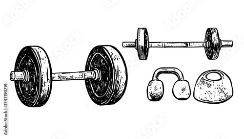 A modern set of fitness and sport training tools consists of realistic gym workout equipment, including a barbell, dumbbells, and a kettlebell, for weight lifting exercises