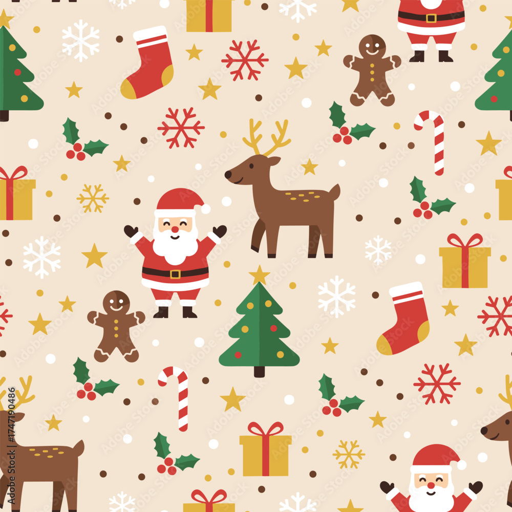 Fototapeta premium Christmas Pattern Vector. Seamless Retro Christmas Pattern with Santa, Reindeer, Elf, Gingerbread, Candy Cane, and Tree Vintage holiday seamless pattern Background.