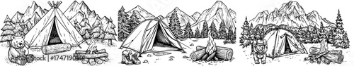 The cartoon illustration features camping and hiking equipment, such as a tent and forest environment, along with a camp fire, bag, road home, lantern, and mat, for a modern survival hike adventure