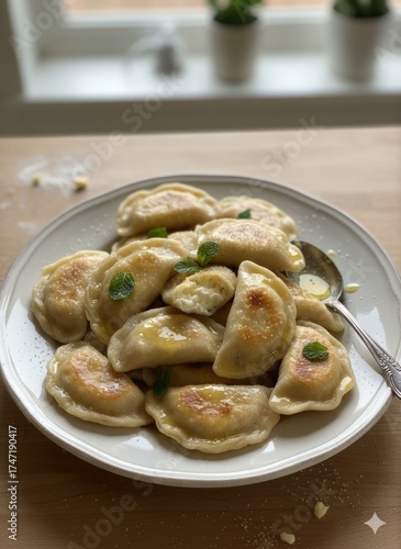 Platos de pierogi recién cocinados con un toque de menta en la mesa de cocina en octubre
