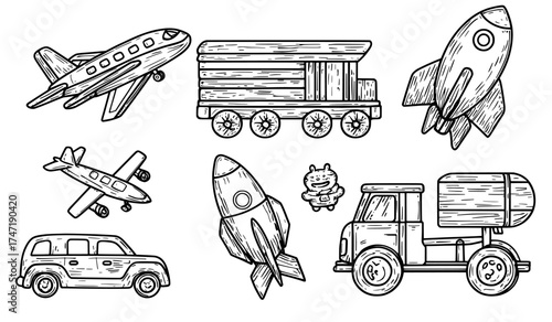 Modern wooden toys come together in a set that features a cartoon toy workshop, including a wood train car ship, animals, and an assortment of children's puzzles, all isolated on a white background