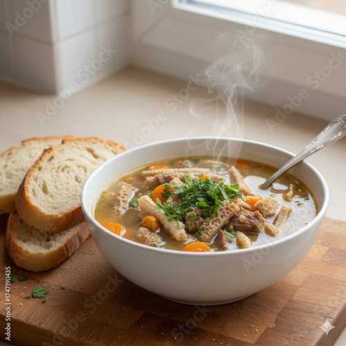 Sopa caliente con carne y vegetales en un bol blanco junto a pan fresco