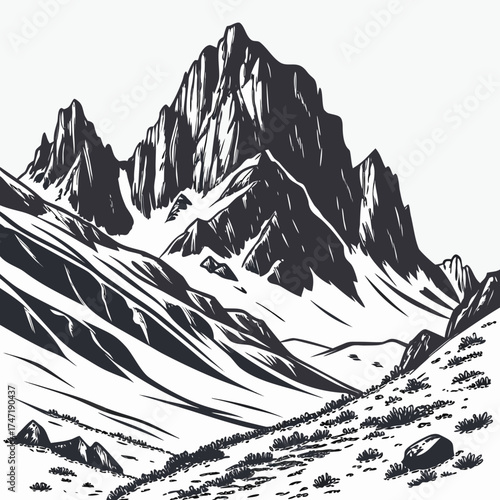 Dark mountain range with rocky slopes and sparse vegetation