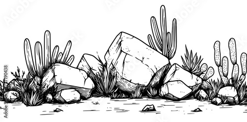 The scene depicts a desert landscape, complete with a cartoonish sand horizon, rocks, cactus, and a sandy valley, forming a modern, wild, and desolated background