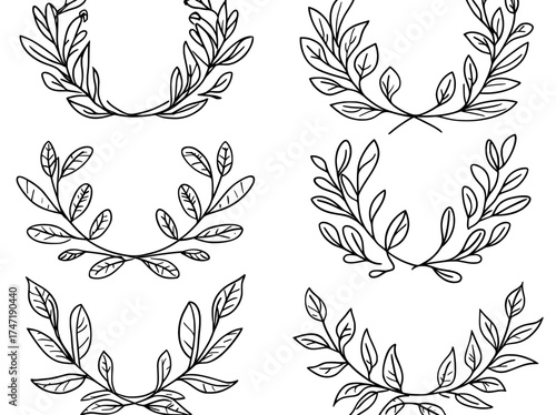 A modern trophy and prize ornamental seal set is signified by the round olive branch award, diploma, and certificate silhouette symbol of a laurel wreath