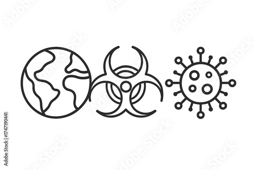 Global pandemic and biowarfare concept. Vector thin line icon illustration with planet earth, biohazard symbol, and virus. Epidemics, coronavirus, covid19, and viral dangers.