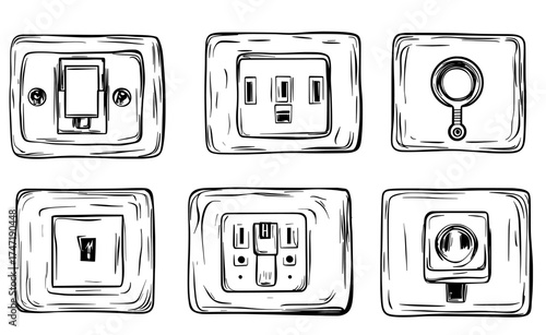 Realistic socket types, including AC power wall sockets, hand-drawn USB ports, RG45 electric ports, and European and American electricity sockets, are all part of a modern isolated set