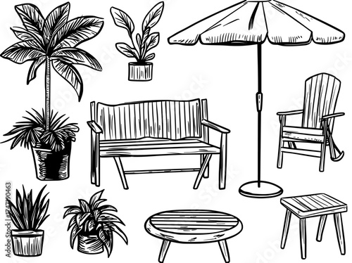 Patio furniture set featuring a summer terrace chair, table, sofa, umbrella, garden and veranda lounge icons, and a backyard barbecue grill in a modern isolated style