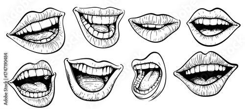 The collection features a doodled smile and cartoon mouths with diverse face expressions, including emotions like laughter, anger, and scare, presented in a modern hand-drawn pop art sketch