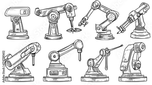 Modern flat set featuring an industrial robot arm and robotic electronic hand manipulator with machine parts, symbolizing the automation process in car manufacturing