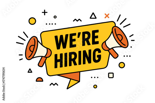 We're hiring banner with megaphones. Job vacancy announcement concept. Employee recruitment design. Join our team graphic. Vector illustration for business hiring and job offer.