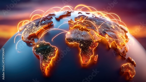 The Earth is seen at dusk, highlighting continents with sparkling lights. Connected lines show interaction between the different regions, emphasizing global communication