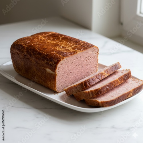 Un delicioso pastel de carne cortado sobre una bandeja blanca en una mesa moderna