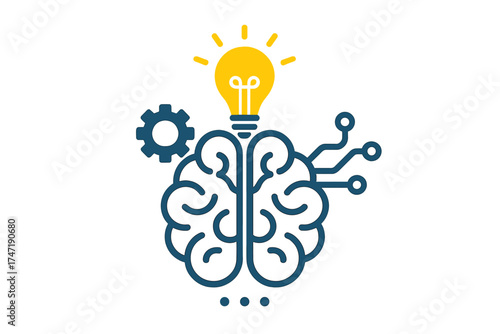 Creative icon of a brain with a lightbulb. Idea, brainstorming, and innovation concept. Problem-solving. Human mind versus machine learning and artificial intelligence (AI). Vector.