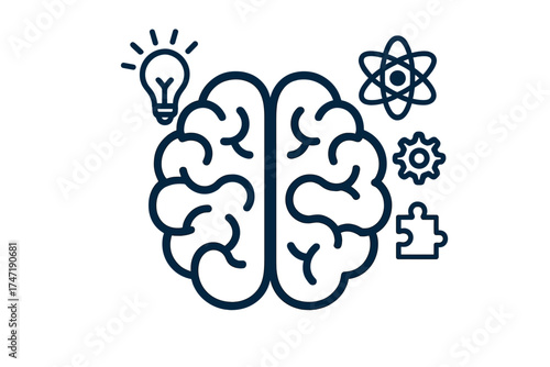 Creative brain icon with lightbulb, atom, gear, puzzle. Concept for ideas, knowledge, technology, problem-solving. Vector for mind, psychology, innovation, science, solution.
