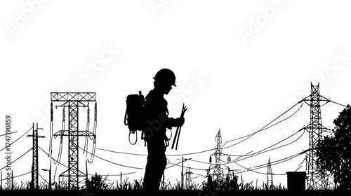 The extension of high-voltage towers is being constructed by workers in silhouette, captured against a blurred and dimly lit city background, stock