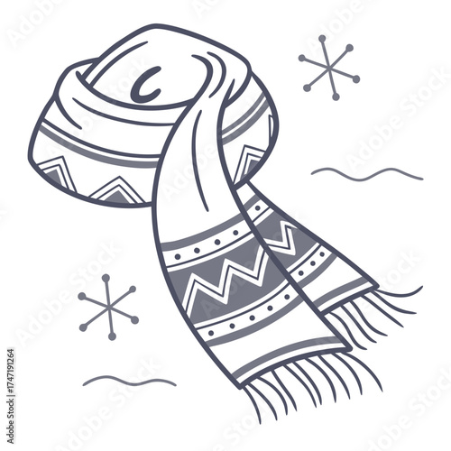 Gray scarf with geometric pattern and fringe winter