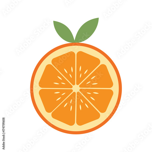 A vibrant and juicy orange slice with fresh green leaves, , perfect for a healthy snack or refreshing juice
