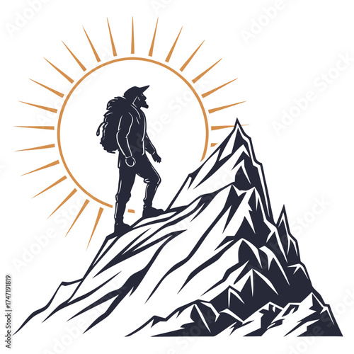 Hiker on mountain peak with sunburst graphic backpack