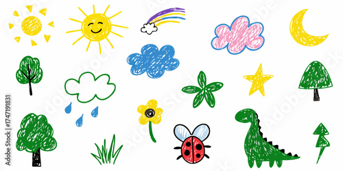 Collection of hand drawn childrens illustrations featuring nature elements weather and animals