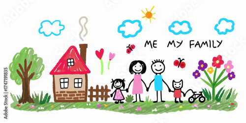 Childs drawing of a happy family holding hands in front of their home with a tree and flowers