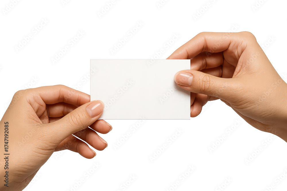 Obraz premium Blank business card held by hands, isolated on a transparent background