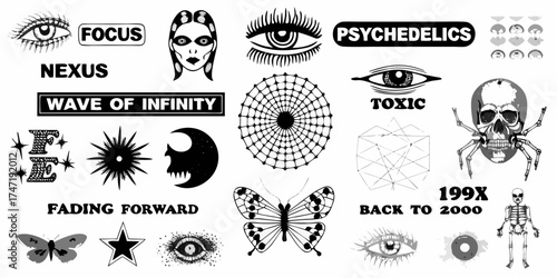 Collection of esoteric and retro graphic elements featuring eyes skulls butterflies and abstract designs