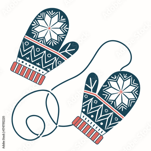 Knitted mittens with snowflake and geometric patterns